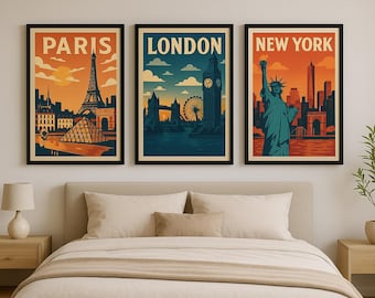 Vintage Travel Poster Set | Paris, London, New York | A4 A3 Art Prints