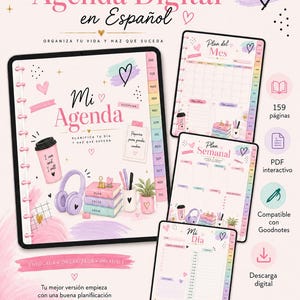 Peut inclure: Un agenda numérique intitulé Mi Agenda en espagnol, avec des illustrations pastel roses et violettes de livres, d'un casque et d'une tasse de café. La mise en page comprend des pages de planification mensuelles, hebdomadaires et quotidiennes avec des onglets interactifs, des cœurs et des étoiles, conçues pour les applications de notes numériques.