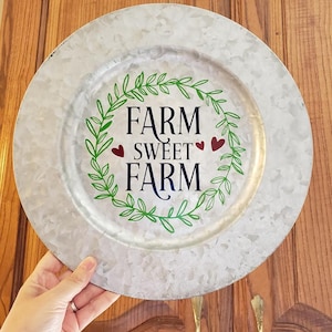 Farm Inspired Galvanised Metal Charger Plate Vinyl Saying
