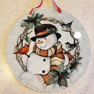Snowman Wreath and Birds 12 in Door Wall Sign