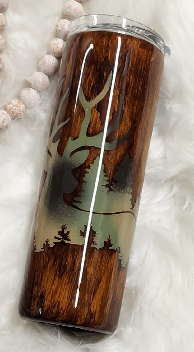 Woodgrain Deer Silhouette Camo Outdoor Man Resin Epoxy Tumbler Customize and Personalize Ready to sell Ready to ship RTS