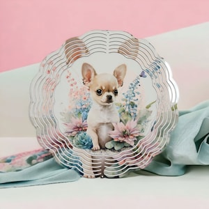 Chihuahua Floral Wind Spinner Yard Art Garden Art Colorful House Warming gift Pet lover Dog Mom 10 inch in Diameter.