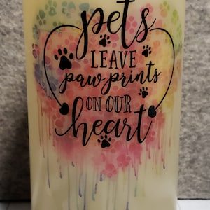 Pet Leave Pawprints on our Heart Custom Flameless Battery Operated LED Candle 3x6 Memorial Love