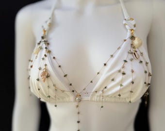 Shell Bikini Top Pearl Natural Stone Chain top,Handmade bikini