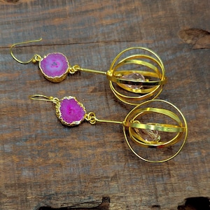 Pink Druzy  Earrings Dangle, Druzy Agate Earrings Statement Earring Long Hook Earring Jhumki Earring Gold Plated Jewellery Earring Gift