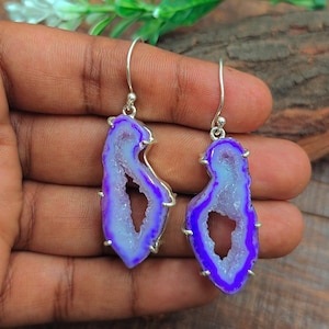Purple Geode Earrings Dangle, Druzy Agate Earrings Statement, Gemini Birthstone, Unique Birthday Gift for Her, Anniversary Gifts for Wife