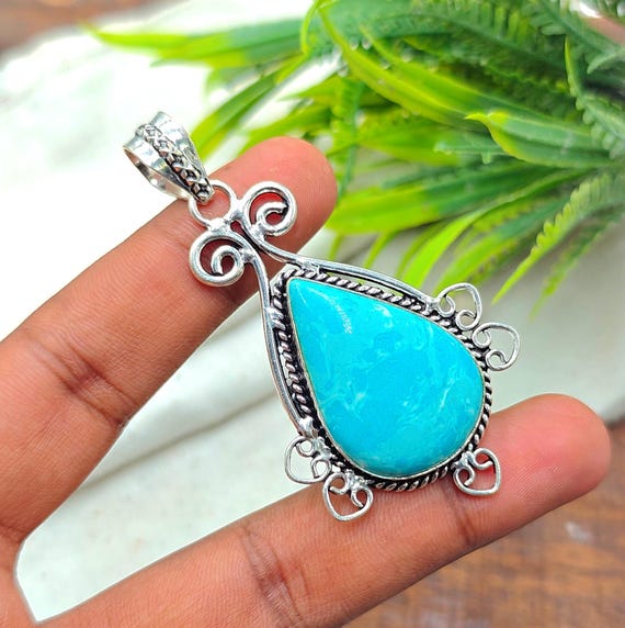 Blue Copper Turquoise Pendant: 925 Sterling Silver Pear Gemstone