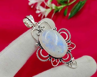 Rainbow Moonstone Pendant: 925 Sterling Silver Plated, Handmade Jewelry