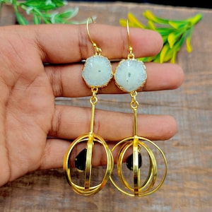 White Druzy  Earrings Dangle, Druzy Agate Earrings Statement Earring Long Hook Earring Jhumki Earring Gold Plated Jewellery Earring Gift