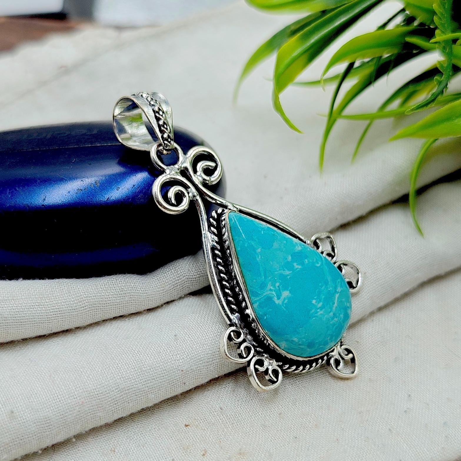 saad turquoise pendant ココペリ silver 925 Blue Copper Turquoise Pendant: 925 Sterling Silver Pear Gemstone