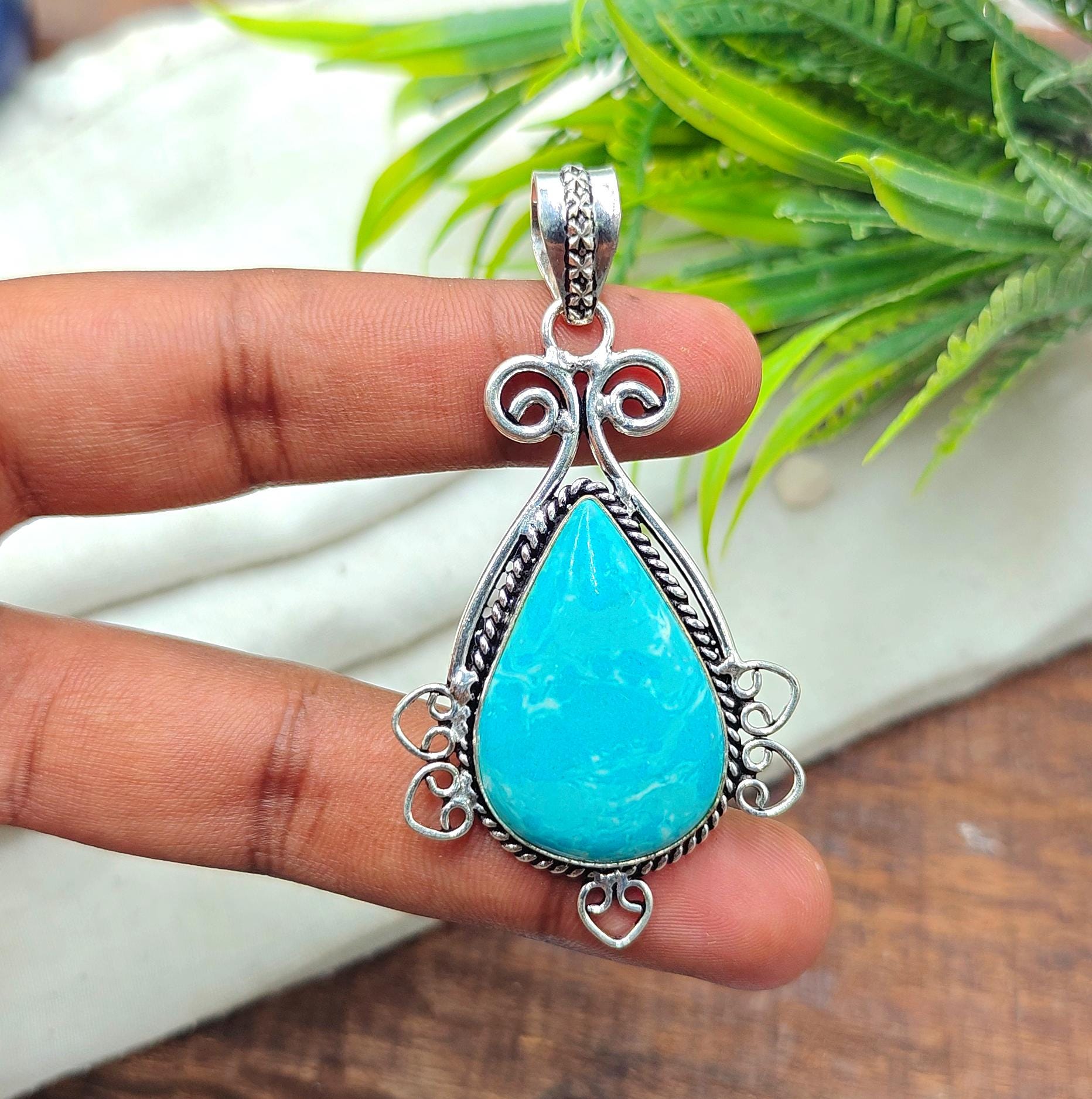 Blue Copper Turquoise Pendant: 925 Sterling Silver Pear Gemstone