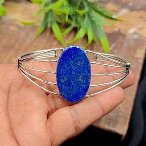 Lapis Lazuli 925 Silver Bangle: Adjustable Gemstone Cuff