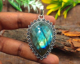 Handmade Moon Labradorite Pendant: 925 Sterling Silver Gemstone Jewelry