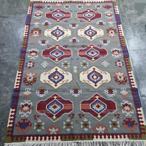 Handwoven Wool Dhurri Grey red beige Rug Wool  Area Rug  Hand made wool flat weave Rug Braided Large Decor Rug Custom size  wool dhurri Rugs
