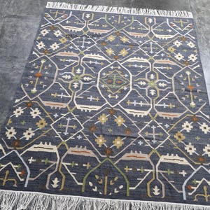 Handwoven Wool Dhurri Dark Grey Rugs Wool  Area Rug  Hand made wool flat weave Rug Braided Large Decor Rug Custom size  wool dhurri Rugs