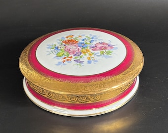 Hand-Painted Limoges Porcelain Box: Floral Design, France, 1950s