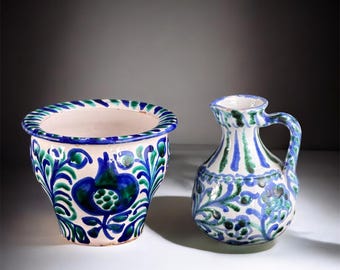 Fajalauza Pottery Set, Hand-Painted Planter & Pitcher, Granada Spain, 20th Century