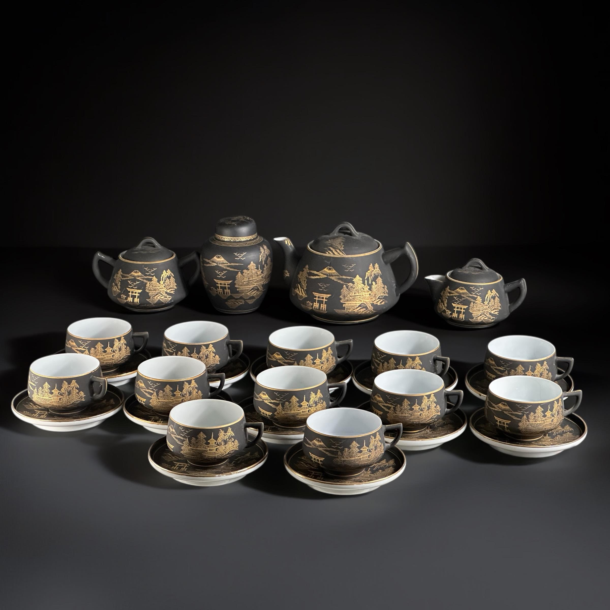 Japanese Lithophane Tea Set: Mori China Black & Gold Geisha Porcelain, 1950s