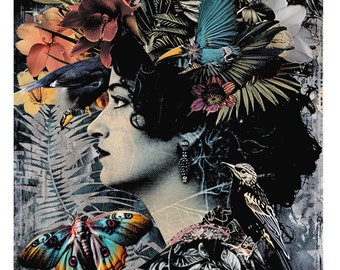 Fine art print of woman with birds, butterfly, in the style of vintage imagery, layered collage, naturalistic depictions of flora and fauna.