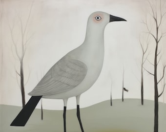 Ufervogel in Landschaft als Volkskunst, naiver Außenseiter Kunstdruck im quadratischen Format in verschiedenen Größen. Für Sammler von roher Kunst geeignet.
