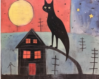 Zwei mit Beinen versehene Katze, die auf einem Ast thront. Außenseiterkunst, amerikanische Volkskunst für den rohen Kunstsammler.