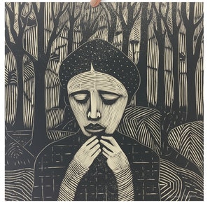 Girl in Forest -linocut style art brute primitive art design outsider expressionist art for the collector of raw art in black and white ink.