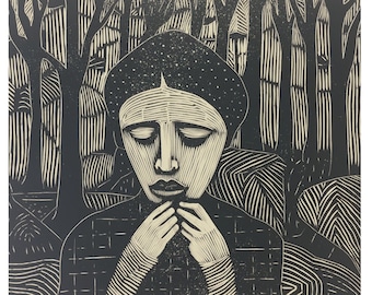 Girl in Forest -linocut style art brute primitive art design outsider expressionist art for the collector of raw art in black and white ink.