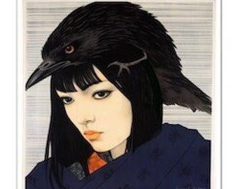 Juniper with a black raven perched on her head, colour art print available in various sizes.