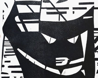 Crazy Ass Cheshire Cat Expressionist woodcut style digital print.