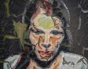 Fine art print ~ &quot;Zombie Case&quot;. Intense portrait on weathered and stressed surface, high fidelity giclee print.