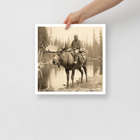 Vintage historic style photo of Klondike Gold Rush prospector - gold miner riding a moose giclee print on premium lustre paper