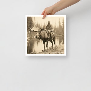 Vintage style historic photo of Klondike Gold Rush prospector riding a moose