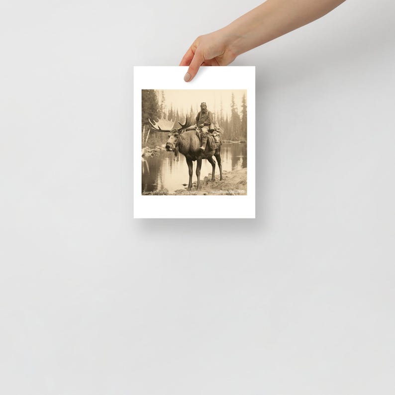 Vintage style historic photo of Klondike Gold Rush prospector riding a moose
