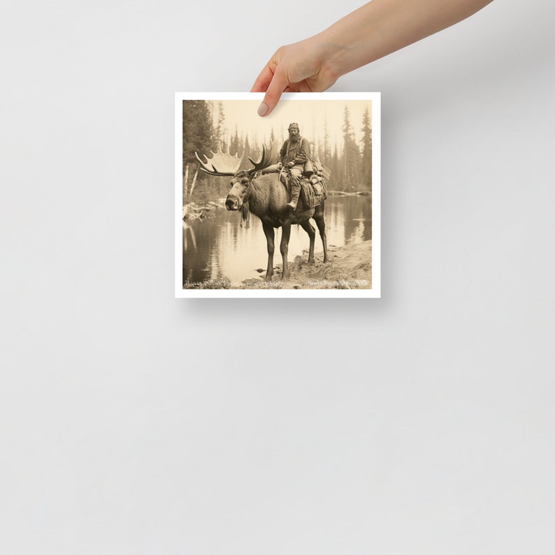 Vintage style historic photo of Klondike Gold Rush prospector riding a moose