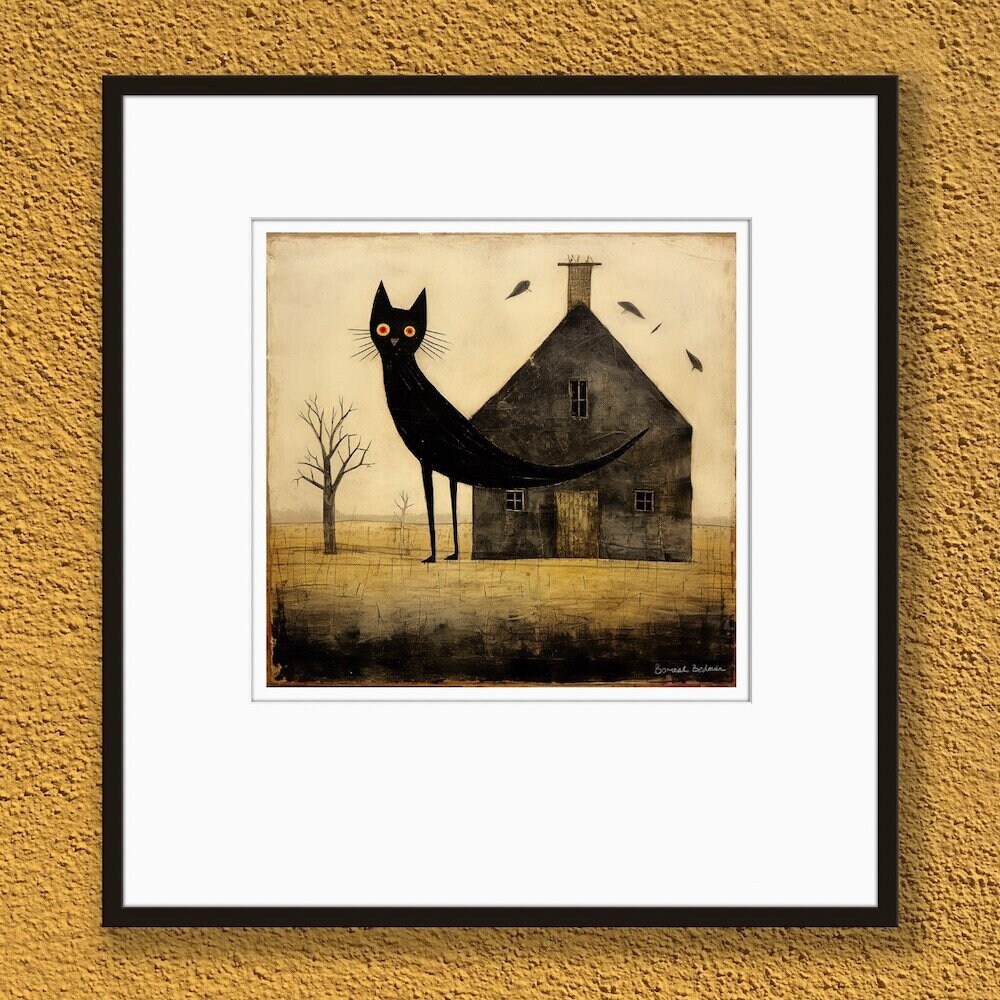 Cat on two legs - Original folk-art print in the style art brute, naive outsider art - great example of raw art for the serious collector.