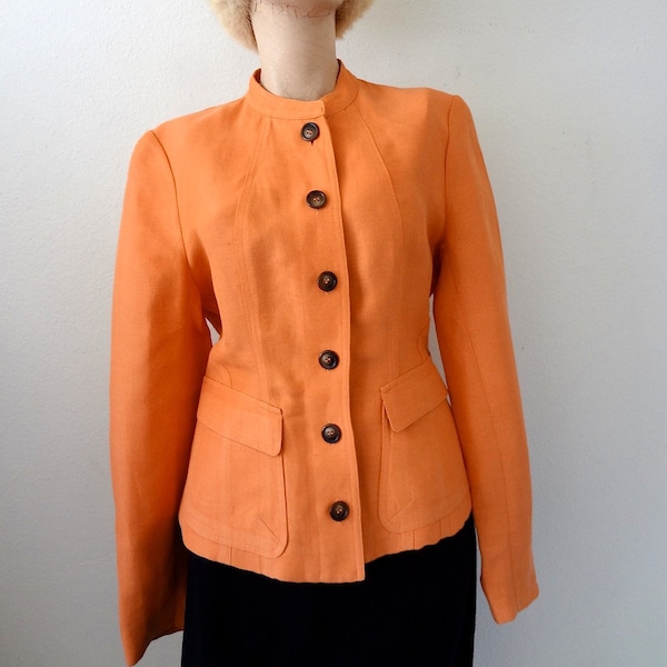 1980s Linen Blend Blazer / Vintage Anne Klein Nehru Collar Suit Coat