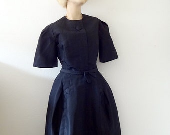 1960s Teal Traina Dress / black silk taffeta cocktail gown / designer vintage evening wear