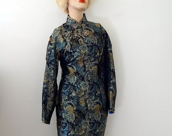 1950s Silk Wiggle Dress / Asian floral print cocktail sheath / vintage bombshell cheongsam