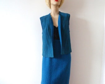 1960s Pencil Skirt and Vest - Blue 2 Piece Suit - mod designer vintage