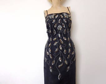 1950s-60s Black Satin Evening Gown - bombshell vintage wiggle dress with sequins and beads - Jr. Theme New York  formal