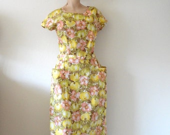 1950s Cotton Day Dress / Floral & Fruit Print Sheath / Vintage NOS