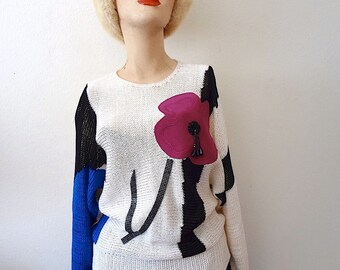 1980s Sweater / Avant Garde Knit Top with Suede Flower