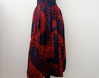 1980s Rayon Skirt / abstract ethnic print a-line / vintage fashion
