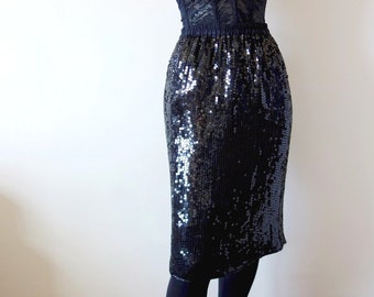 Vintage Black Sequin Skirt - silk straight skirt with back vent