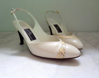 1970s Sling-Back High Heels - vintage leather and snake skin pointy toe pumps size 6.5B