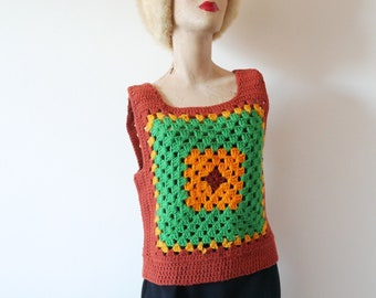 Chaleco de suéter de punto vintage de la década de 1970 / Top de punto afgano Grandma Square