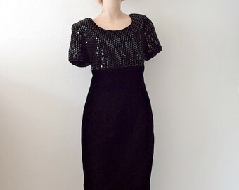 Vintage Black Velvet Party Dress / Sequin Wiggle Cocktail Sheath