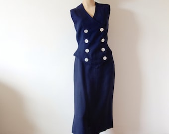1940s-50s 2 Piece Dress | vintage spring summer navy blue skirt and vest day dress
