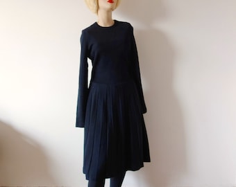 1970s Black Wool Knit Dress | vintage shirtwaist sweater dress by Aristokat