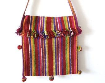 Vintage Ethnic Shoulder Bag - striped wool huipil, hippie festival Guatemalan purse